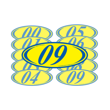 EZ LINE Blue & Yellow Two Digit Oval Year Model Signs: 08 Pk 225-B-08